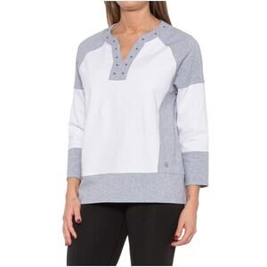Neon Buddha 3/4 Sleeve Top Womens XL Shirt V-Neck Relaxed Gray Colorblock Hi-Lo